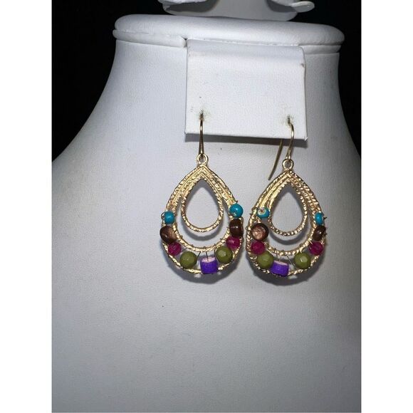 Boho Gold Tone and Beaded Teardrop Dangle Earrings - Picture 6 of 8